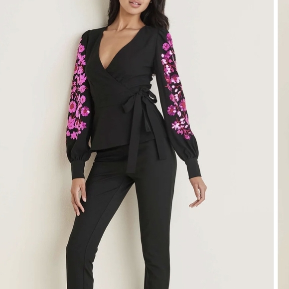 VENUS Black Blouse with Pink Floral Sequin Accents - Picture 3 of 4